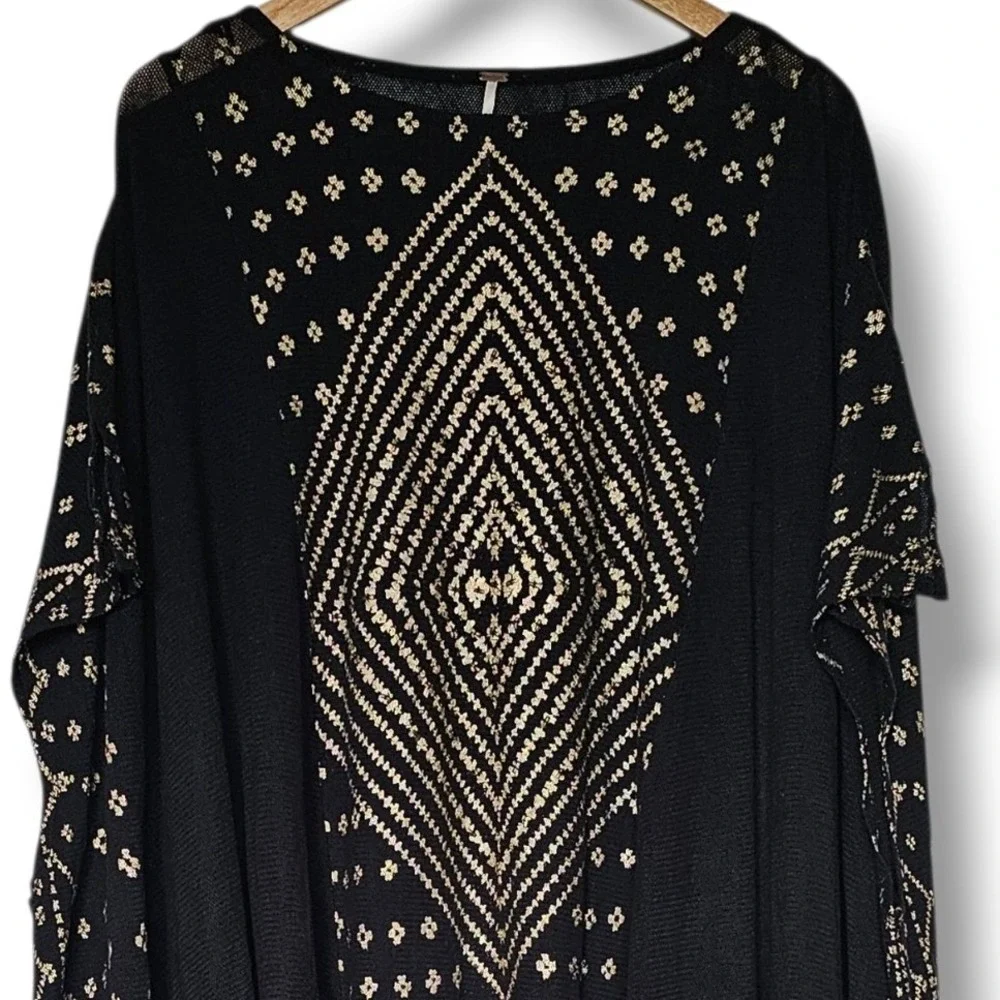 Free People Poncho L Women Black Gold Metallic Lightweight Oversized Draped Chic
